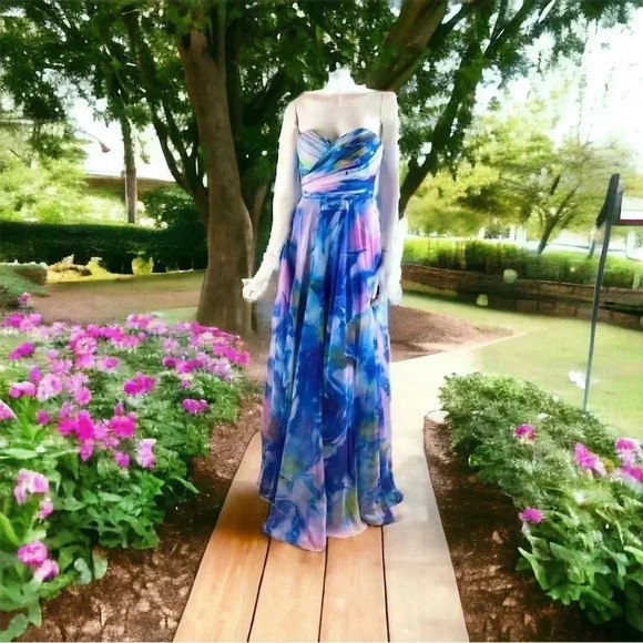 La Femme Size 00 Multi-Color Floral Chiffon Formal Gown Pockets Prom Wedding NEW - Picture 11 of 11